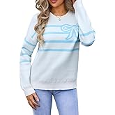Sumleno Womens Cute Bow Striped Sweater Crewneck Long Sleeve Knit Sweatshirt Top Warm Soft Winter Y2k Aesthetic Pullover