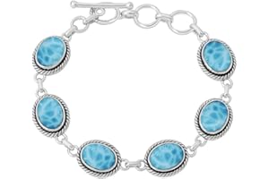 Larimar Bracelet for Women – Natural Sky Blue Oval Gemstone Link Chain with Silver Overlay & Adjustable Toggle Clasp – Elegan