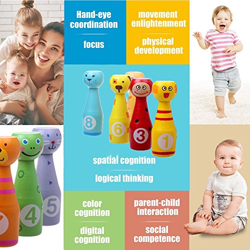 Joqutoys Wooden Bowling Play Set Indoor Activity with 10 Animal Pins 2 Balls Educational, Early Developmental Toy for Kids 2 3 4 5 Years and Up