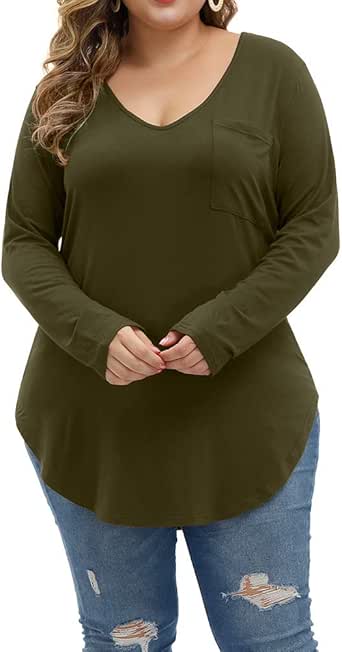 Allegrace Women's Plus Size Tops Long Sleeve Casual Scoop Collar Pocket T Shirts at Amazon Women 
