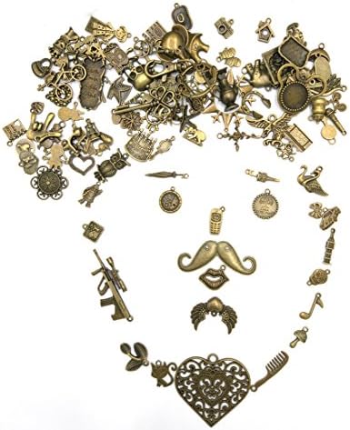 Amupper 100pcs Antique Bronze Skeleton Charms Set with 1pcs Key Chain - Bronze and Silver Handmade Decoration Vintage Accessories Necklace Pendants Jewelry Wedding Favor Making Craft Pack of 101
