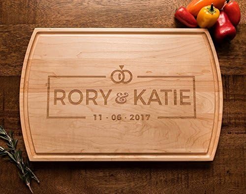 Personalized Custom Wood Cutting Board with Engraved Modern Wedding Rings Logo, Names and Date
