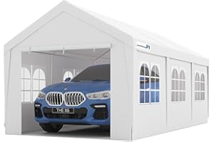 PEAKTOP OUTDOOR 10x20 ft Heavy Duty Carport Car Canopy with Removable Window Sidewalls, Portable Garage Tent Boat Shelter with Reinforced Triangular Beams, White