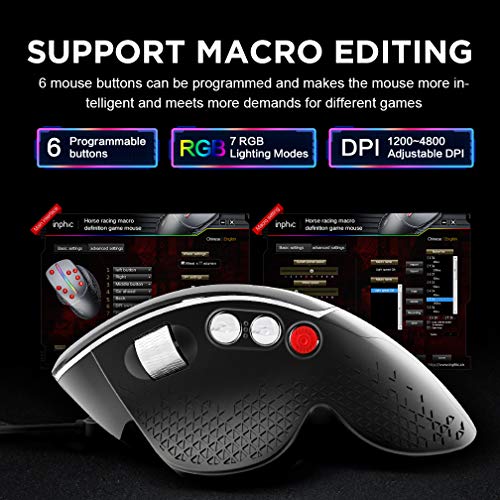 INPHIC Ratón Gaming con Cable, Desplazamiento Lateral y diseño ergonómico Vertical, Ratones para Juegos de computadora USB óptico programable, 1200-4800 dpi Ajustable, retroiluminación 7 RGB, Negro