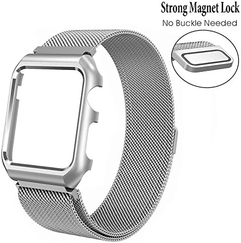 42mm Apple Watch Band Mesh Milanese Loop Stainless Steel Replacement iWatch Band Strap with Adjustable Magnetic Closure Clasp &amp; Metal Protective Case Cover for Apple Watch Series 1/2 (silver 42mm)