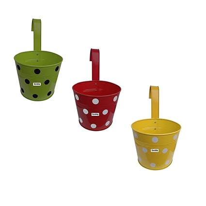 Kraftsplanet Garden Decor Set of Three Polka Design Railing with Detachable Hooks and Handle Planter c ntainer YGT