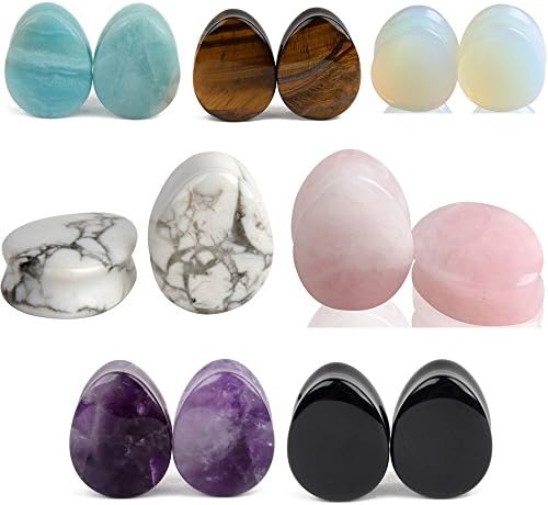 7 Pairs Water Drop Stone Assorted Color Natural Stone Ear Plugs Expander Piercings (19mm=3/4'')