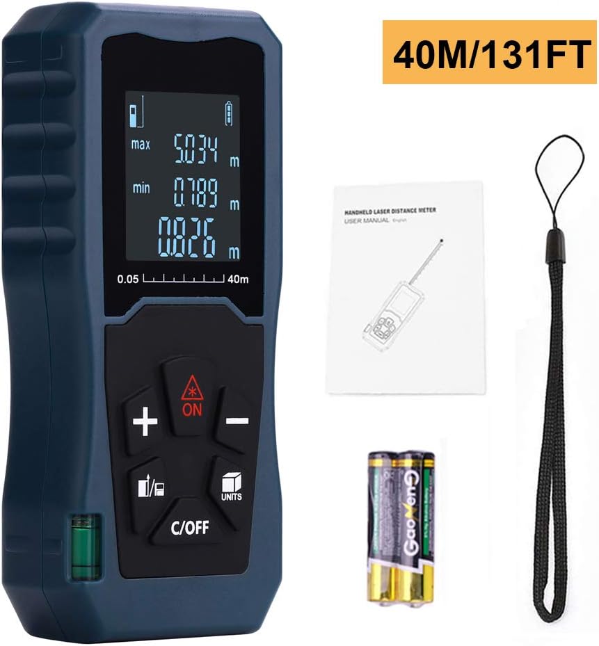 Laser Distance Measure, 131ft Laser Measure M/In/Ft Laser Distance Meter Digital Tape Measure LCD Backlit Measuring Device w/Pythagorean Mode/2 Bubble Levels/Batteries, Measure Distance Area Volume
