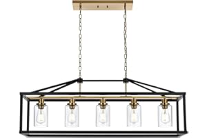 BONLICHT Rectangle 5 Lights Black Modern Dining Room Lighting Fixtures Hanging Over Table, Industrial Brushed Brass Chandeliers Farmhouse Kitchen Island Linear Pendant Light Ceiling with Clear Glass