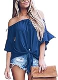 FARYSAYS Women's Solid 3/4 Bell Sleeve Off The Shoulder Front Tie Knot T Shirt Tops Blouse Blue Medium