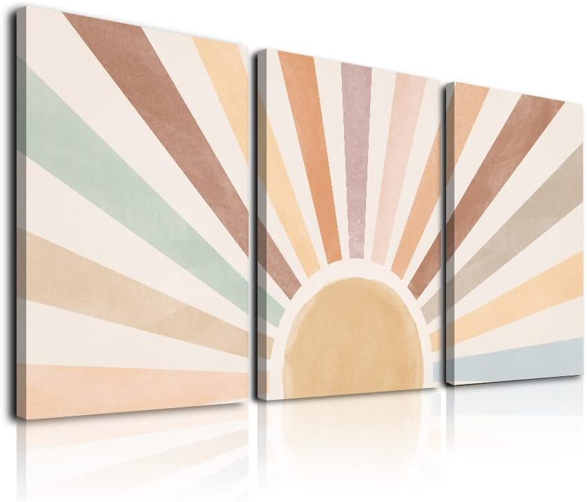 Wall Décor - Boho Sun Wall Art Set of 3, Framed Canvas Wall Art Rainbow Sun Rising on the Horizon Geometric Nature Illustrations Line Art Wall, Mid-Century Modern Prints Boho Wall Decor for Living Room, Bedroom, Bathroom, Office, 12