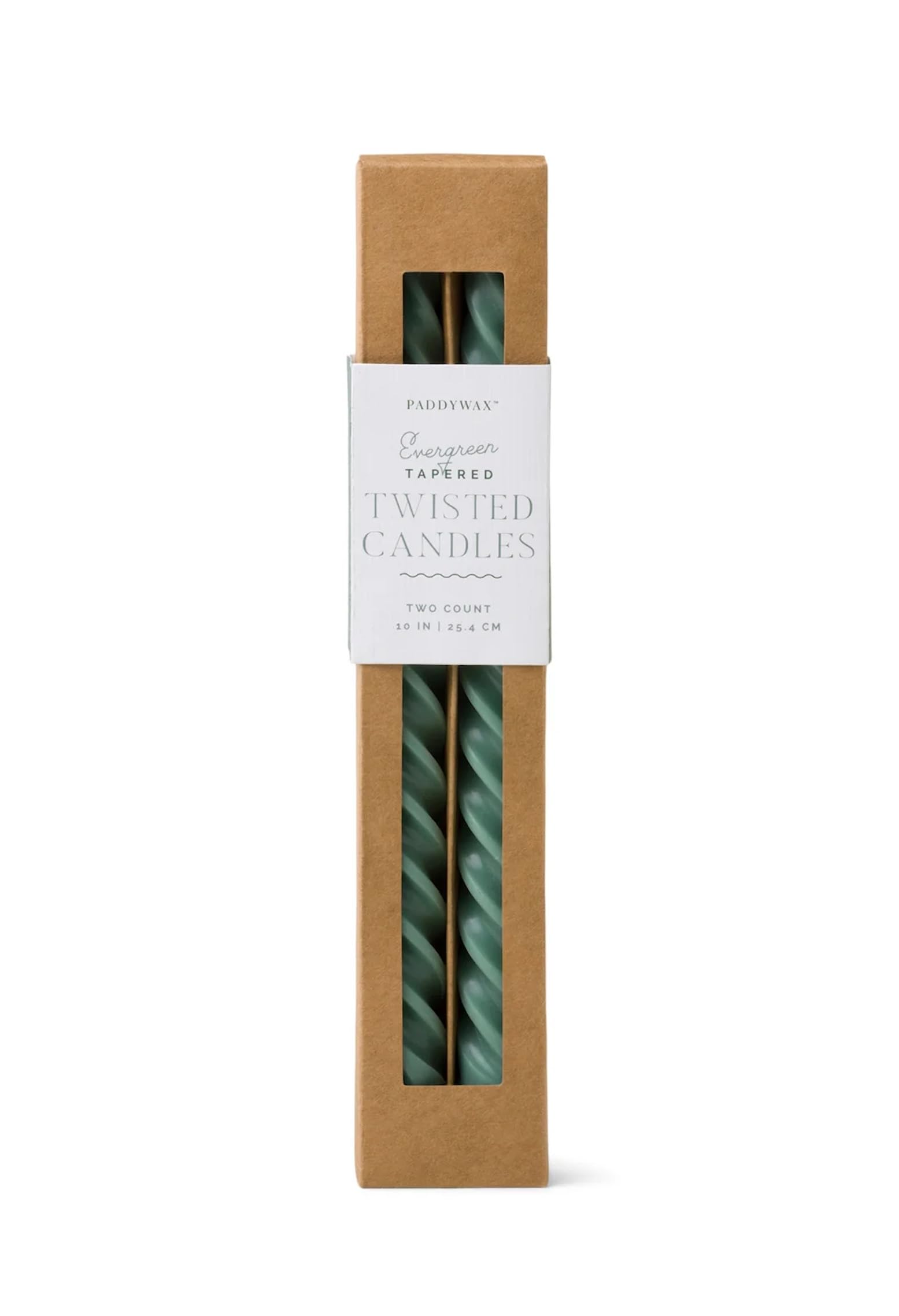 Paddywax Taper Candles Colourful Twisted Tapers Cypress + Fir Scented Dinner Candle Set, 24cm Tall, Evergreen, 2-Count