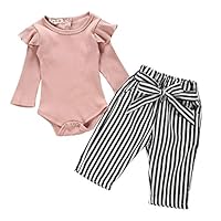 XEDUO Newborn Kids Baby Girls Outfits Clothes Romper Bodysuit Stripe Long Pants Set Pink