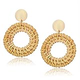 CEALXHENY Rattan Earrings for Women Handmade Straw Wicker Braid Drop Dangle Earrings Lightweight Geometric Statement Earrings (A Round)
