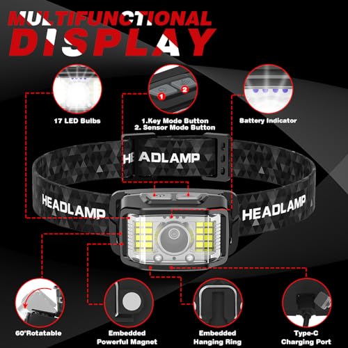 Aaizplz 2 x LED Headlamp, Rechargeable Headlamp, Waterproof, 2000 Lumens, 16 Lighting Modes (Individual Control), with Smart Sensor, for Running, Hiking