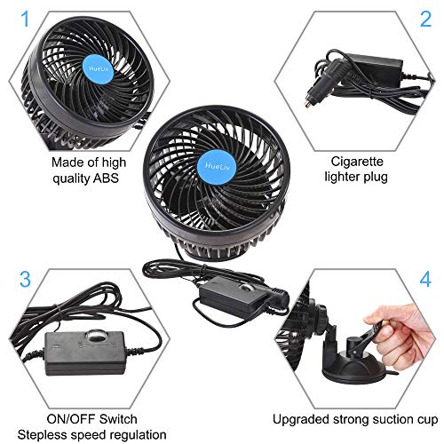 HueLiv Car Fan 12V, 6" Electric Car Cooling Fan with 360 Degree