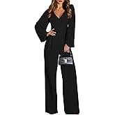 Pink Queen Jumpsuits for Women Dressy Patchwork Chiffon Sleeve V Neck Wide Leg Romper Holiday Party Outfits
