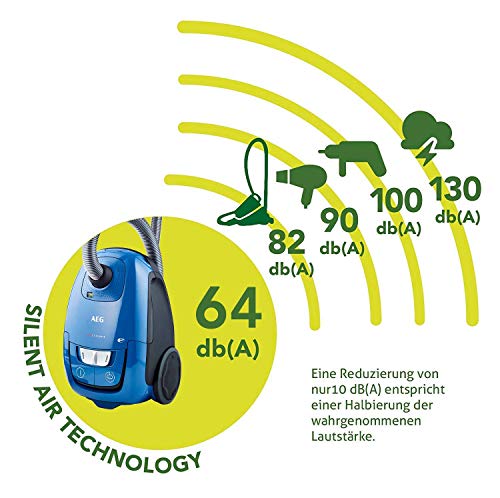 AEG VX8-2-6SB Staubsauger mit Beutel (Inkl. Zusatzdüsen, 600 W, nur 64 dB(A), 12 m Aktionsradius, 3,5 l Staubbeutelvolumen, effiziente Energieausnutzung, Ergo-Handgriff, Hygiene Plus Filter, blau) – Bild 4