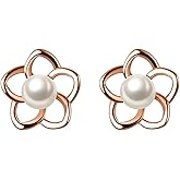 Reffeer 925 Sterling Silver Small Pearl Flower Earrings Studs for Women Teens Unique Petite Flower Studs Earrings