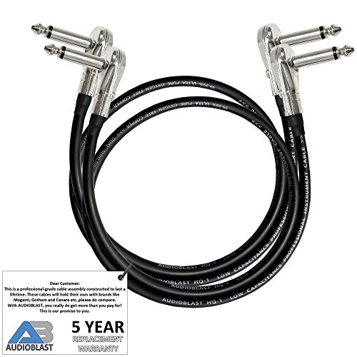 2 Units - 3 Foot - Audioblast HQ-1 - Ultra Flexible - Dual Shielded (100%) - Instrument Effects Pedal Patch Cable w/ ¼ inch (6.35mm) Low-Profile, R/A Pancake Type TS Connectors & Dual Staggered Boots