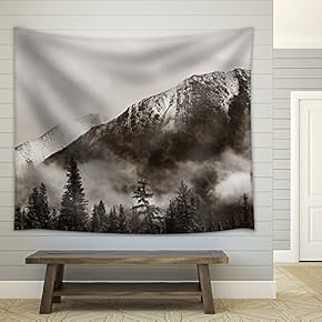 Banff National Park View Panorama with Foggy Mountains and Forest in Canada. - Fabric Wall Tapestry Home Decor - 51x60 inches
