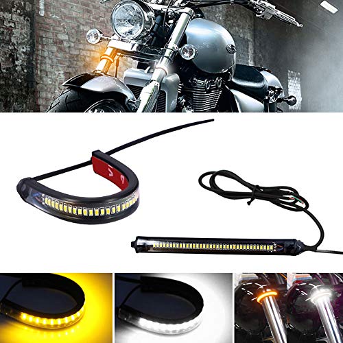 GTinthebox 2PC Flexible Switchback Dual-Color White & Amber LED Fork Turn Signal DRL Daytime Running Light Waterproof Adjustable Stips Bars kit Universal Fit Motorcycle Bike
