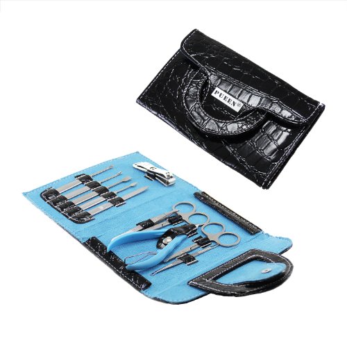 PUEEN Black Crocodile 11 Pcs Stainless Steel Manicure & Pedicure Kit, Travel & Grooming Set, Personal Care Tools in Black Roll Up Vegan Leather Case-BH000011 - Thumbnail 4
