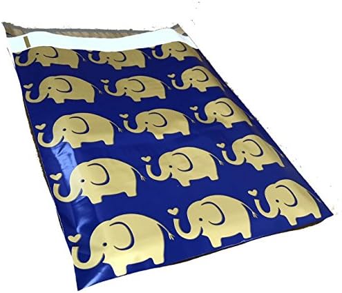 10x13 - Gold and Blue Elephant Heart Love Printed Poly Mailers Shipping Envelopes Self Sealing Boutique Custom Bags (30 Pcs)