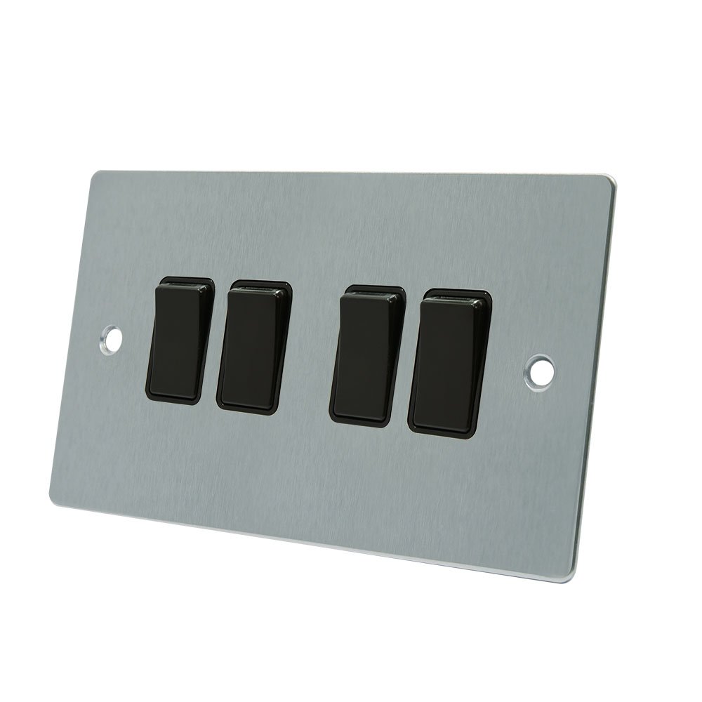 AET FSC4GSWIBL Satin Chrome Flat Black Insert Plastic Rocker Switches-10 Amp Quad 4-Gang 2 Way Light Switch, 240 V