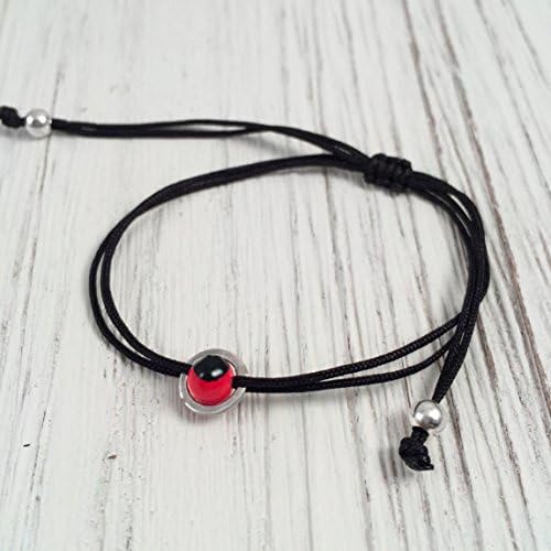 Black String Bracelet, Sterling Silver 925 Circular Band with Small Red and Black Huayruro Seed Charm, Peruvian 'Good Fortune' Adjustable Thread Cord, Friendship Bracelet, Handmade in Peru