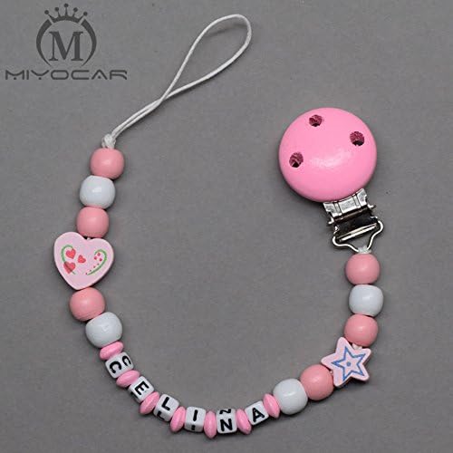 MIYOCAR Personalised -Any name pink heart and star wooden beads dummy clip holder pacifier clips soother chain teether clip