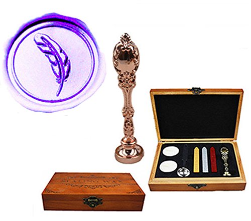 MNYR Luxury Feather Sealing Wax Seal Stamp Vintage Custom Picture Logo Monogram Wedding invitations Wax Sealing Stamp Rose Gold Metal Peacock Handle Sticks Spoon Wood Gift Box Set