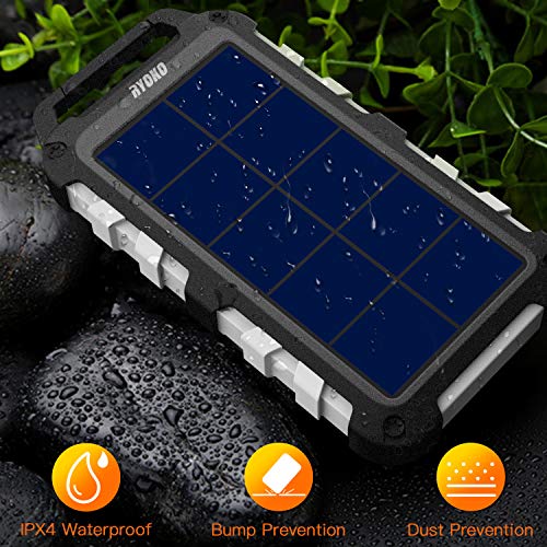 Solar Power Bank, Ryoko 10000mAh Portable Solar Charger Ipx4 Waterproof