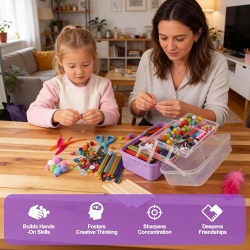 JIYANA Kit Manualidades Niños 3300+PCS, Portátil Kit Caja Manualidades, Set DIY Completo con Limpiapipas, Cuentas, Pompones y Ojos Móviles, Ideal para Niños y Niñas de 4-12 Años(Mmorado)