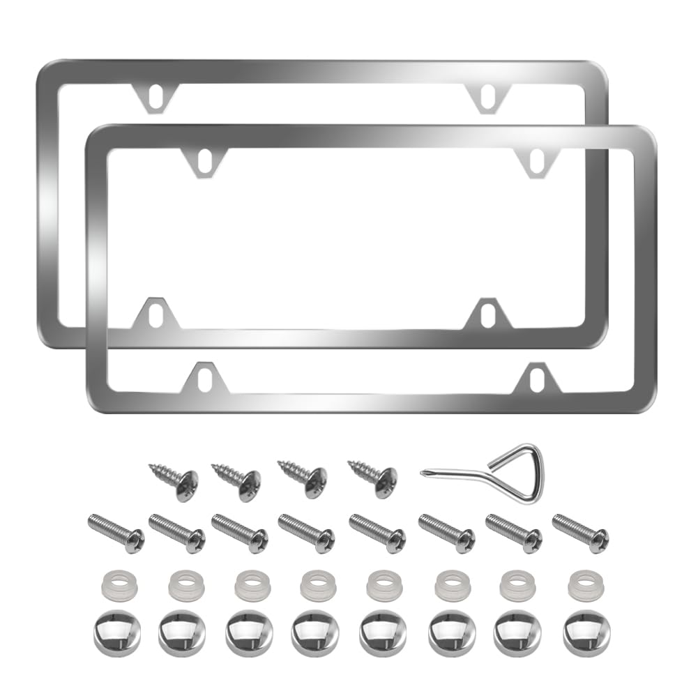 Photo 1 of WinPower License Plate Frames, Stainless Steel License Plate Holder Rustproof 4 Holes Front Rear Universal Car Tag Cover 2 Pack, Sliver
