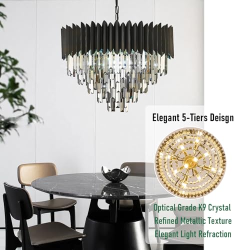 PAFRUMGE - Lámpara de araña de vidrio grande de 8 luces de 24 pulgadas, montaje empotrado de 5 niveles, color gris ahumado y negro, lámpara colgante redonda para comedor, sala de estar, entrada y