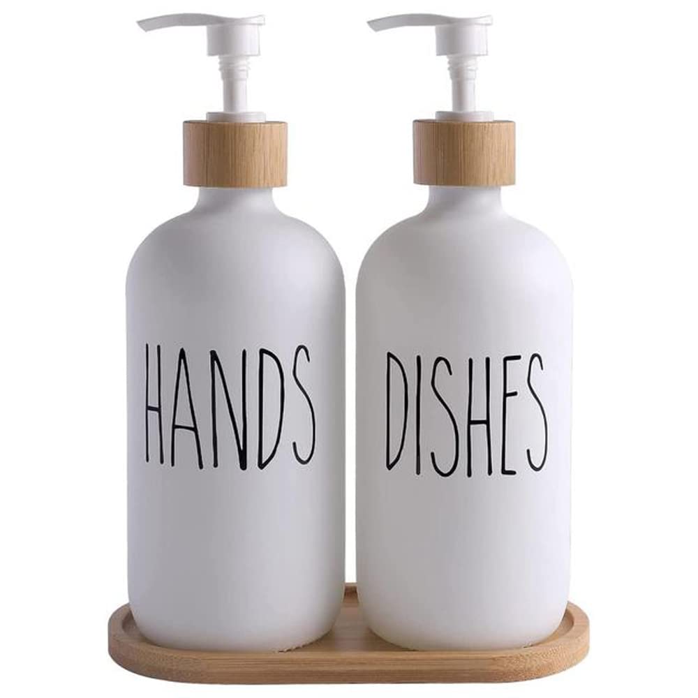 Hniuyun Glass Soap Dispenser Set of 2, Glass Soap Dispenser Bottle with Pump, 16 Oz Refillable Liquid Hand Jar Dispenser for Bathroom, Countertop, Kitchen, Laundry Room (White)