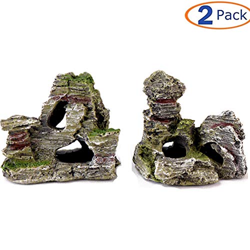 Aquarium Mountain Ornaments Decorations Terrarium Fish Tank Resin Rock Cave Ruins Plants Decor 2 Pack