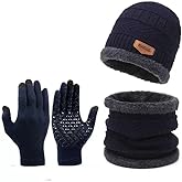 3-Pieces Winter Beanie Hat Scarf and Touch Screen Gloves Set Warm Knit Skull Cap for Men Women (black)