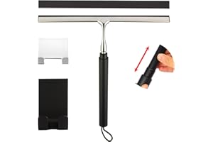 Shower Squeegee with Long Handle – Includes Replacement Silicone Blade, Extendable 13" to 48", 14" Wide for Glass, Mirrors, W