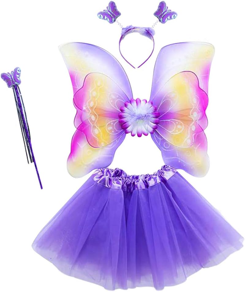 4Pcs Girls Fairy Costume Set, Rainbow Wings Three Layers Tulle Tutu Skirt Dress Magic Wand Headband for Princess Cosplay Party 3-8T