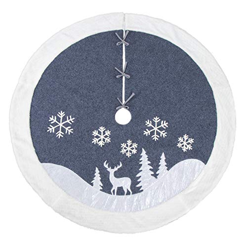 7Felicity Christmas Tree Skirt 48 inches, Fur Rustic White Xmas Tree Skirt,Snowy Christmas Trees Mat Decorations Indoors,Deer and Snowflake Pattern (White Deer) - Thumbnail 4