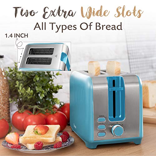 Wide Slot Toaster 2 Slice Retro Toaster, Matte Teal and Stainless