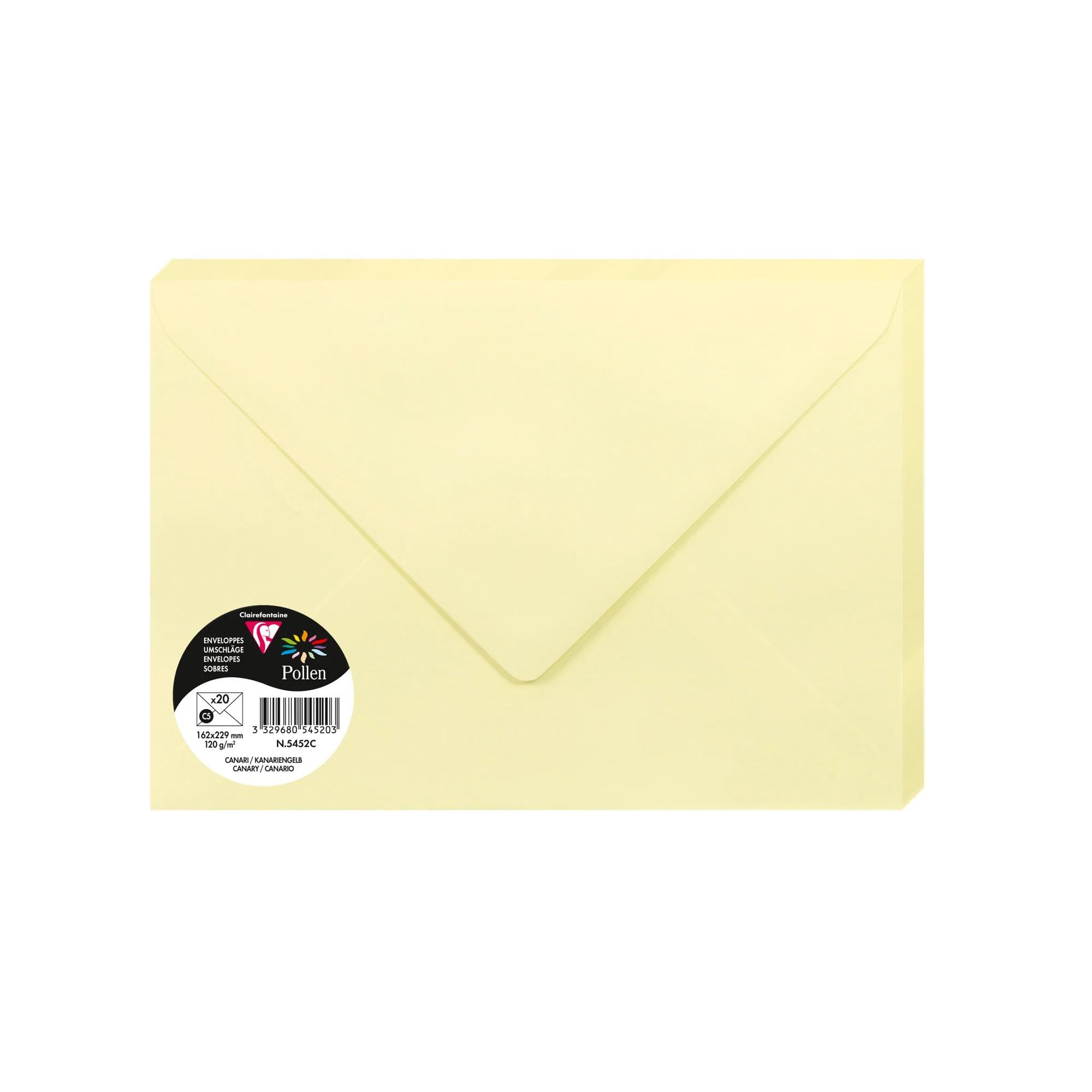 Clairefontaine 5452C Pack of 20 Gummed Envelopes Format C5 16,2x22,9cm 120gsm colour Canary Invitation Events Correspondence Pollen Range Premium Smooth Paper — image 1