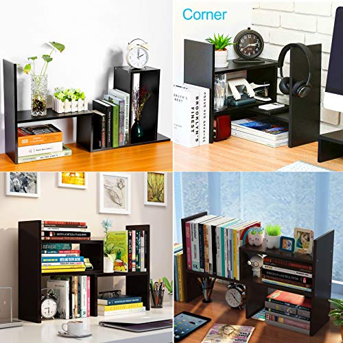Office Desktop Bookshelf Adjustable Wood Display Shelf Desktop Organizer Office Storage Rack Countertop Bookcase Office Supplies Desk Organizer Accessories(Expandable, Espresso)