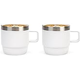 Zenbo 6 oz Espresso/Coffee Mug with Handle, Double Wall Vacuum Insulated 18/8 Stainless Steel Ceramic Lined Cups, Coffee, Tea, Hot & Cold Drinks, No Sweat, Dishwasher Safe（White-2Pack）