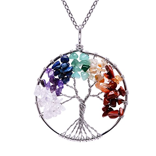 Root Chakra Gemstone Family Tree of Life Rainbow Tumbled Natural Stone Necklace for Womens Handmade Healing Raw Stone Wire Wrapped Amethyst Birstone Point Crystal Pendant Necklace for Mother Gift