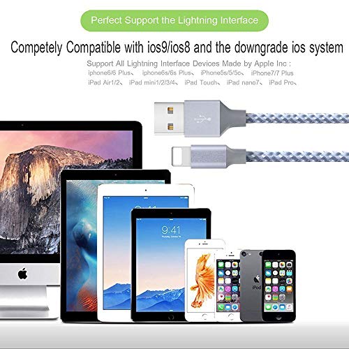 iPhone Charger, HENVREN MFi Certified Lightning Cables 5Pack 2x3FT 2x6FT 10FT to USB Syncing Data and Nylon Braided Cord Charger for iPhone Xs Max, XR, X, 8, 7, Plus, 6, 6S, 6 Plus, 5, 5C, 5S, SE-Grey - Thumbnail 5