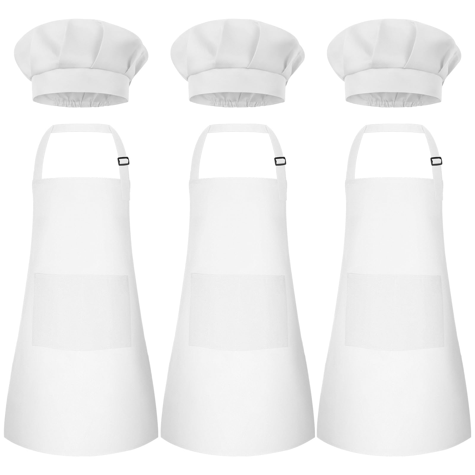 Photo 1 of Bouiexye 3 Set Kids Apron and Chef Hat Set Children Apron Adjustable with 2 Pockets Children Chef Painting for Cooking Baking Painting Crafts Making (White