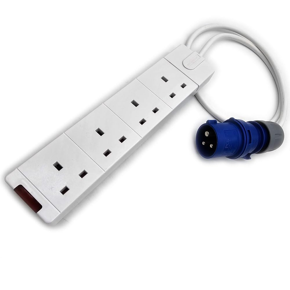 HDIUK CEE 16A IP44 AC Plug to 4 Gang 13A Mains outlet sockets. 1 Metre Fly lead converter with multiple UK Mains receptacle trailing socket. Industrial, Camping, caravan, Motorhome, Stage, event